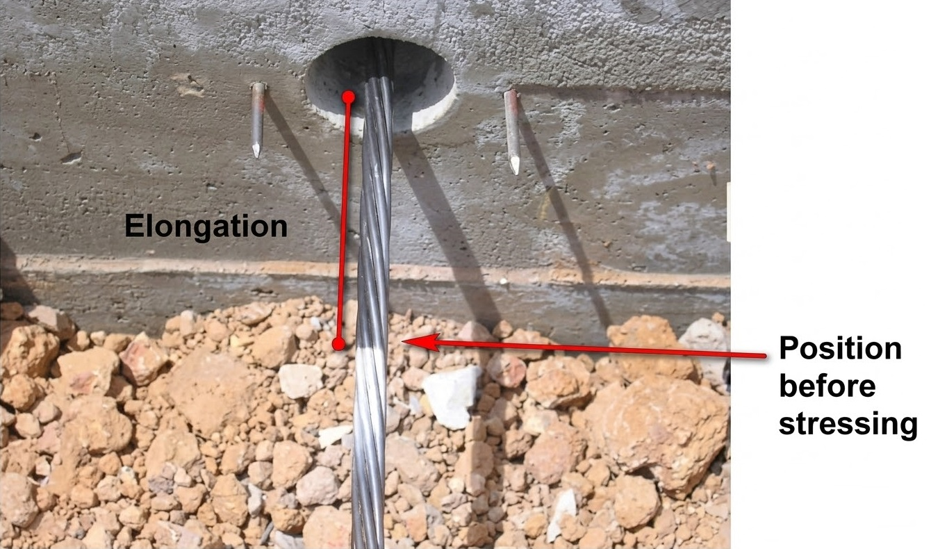 A technical view of a post tension slab tendon showing the elongation mark and the original position before the stressing operation.